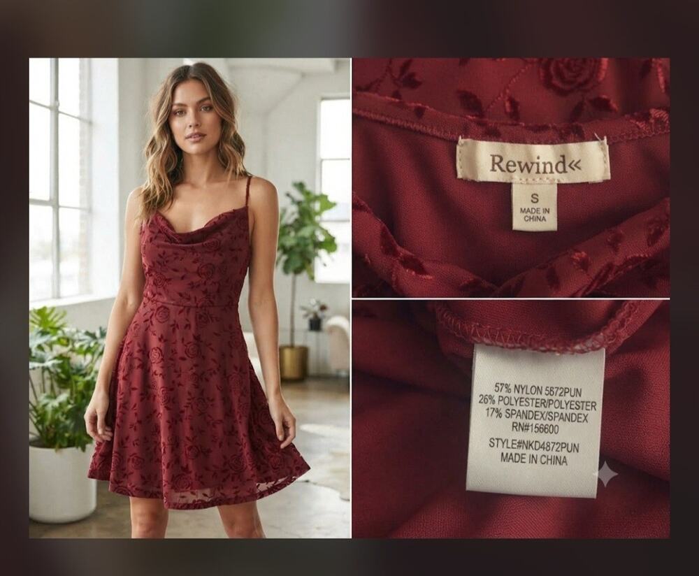 Rewind Women’s Burgundy Floral Chiffon Dress Y2K Revival